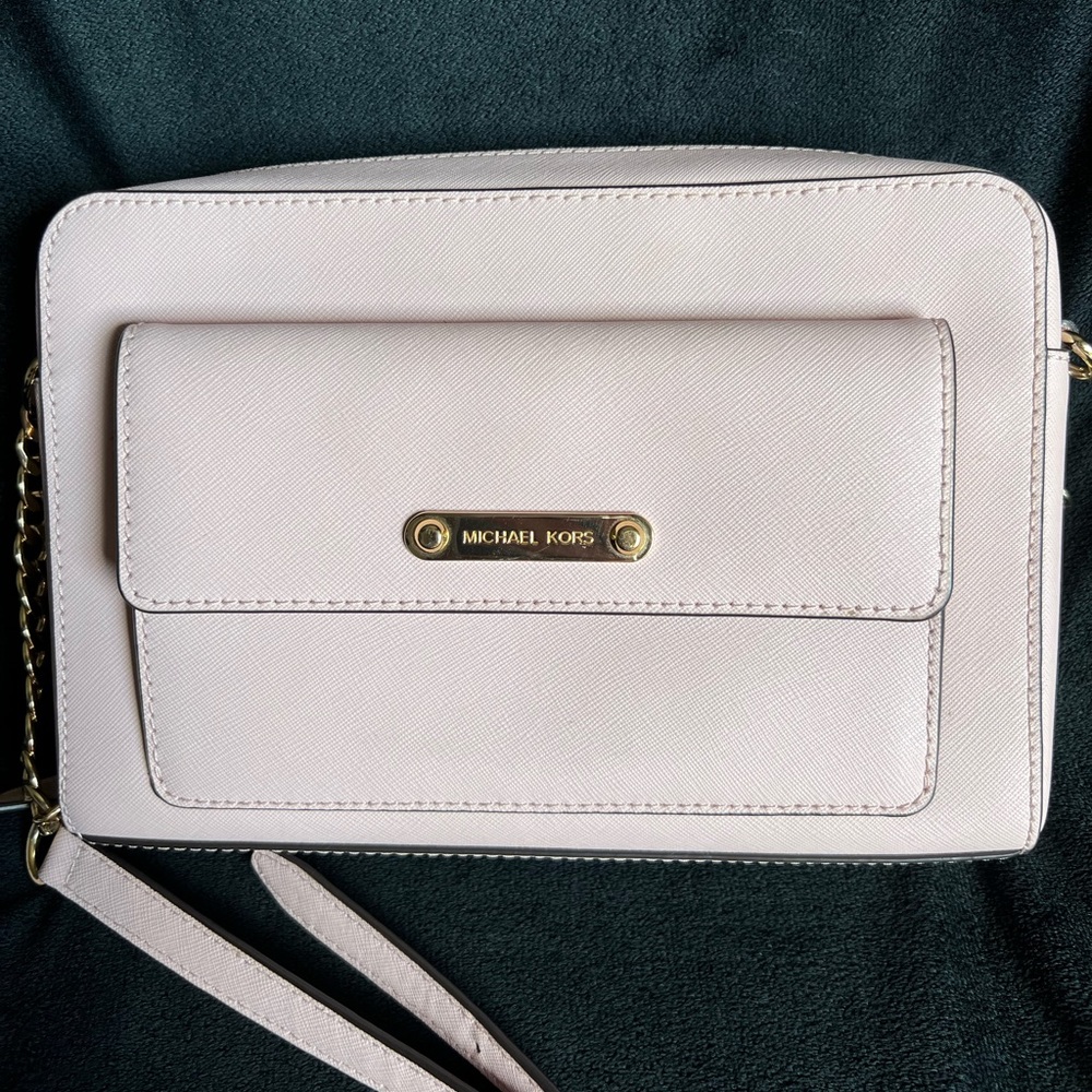 Michael Kord MK Georgia Medium Messenger Crossbody Leather Bag Blush